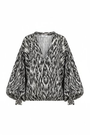 Abstract Print V-Neck Blouse with Voluminous Sleeves