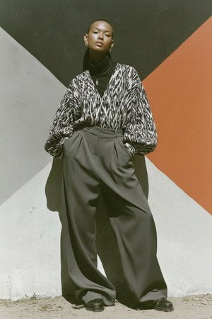 Abstract Print V-Neck Blouse with Voluminous Sleeves