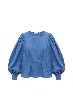 Textured Blue Blouse with Puff Sleeves