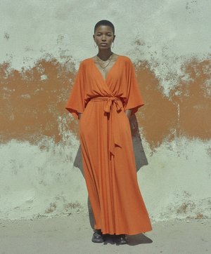 Flowing Orange Maxi Dress with Tie Waist