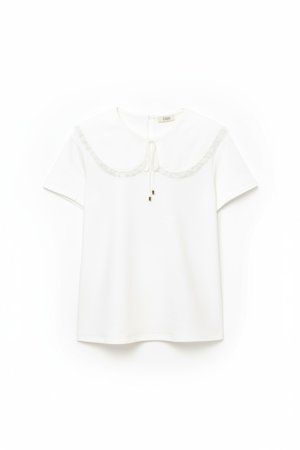 White Short Sleeve Top with Lace Peter Pan Collar