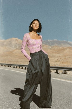 Pink Floral Long-Sleeve Fitted Top