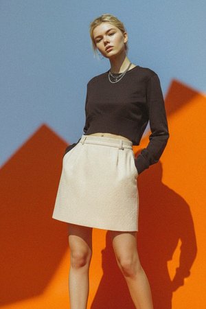 Light Beige Textured Mini Skirt