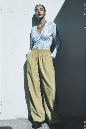 Blue Floral Patterned Wrap Blouse