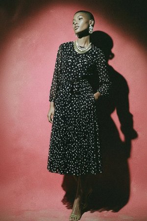 Polka Dot Pleated Midi Dress with Tie Waist