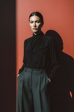 Elegancka czarna bluzka z wiązaniem przy szyi