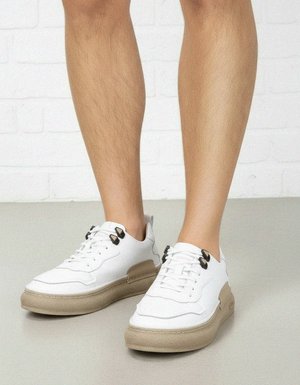 White Leather Low-Top Sneakers with Textured Sole
