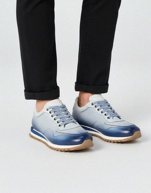 Ombre Blue Leather Sneakers with Checkered Laces