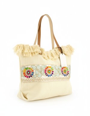 Boho Beige Embroidered Fringe Tote Bag