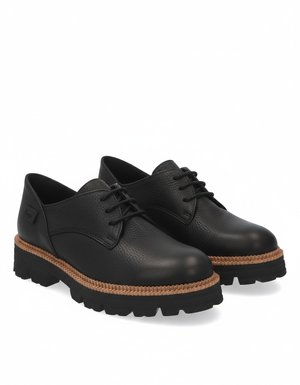 Black Leather Lace-Up Shoe with Braided Trim Sole