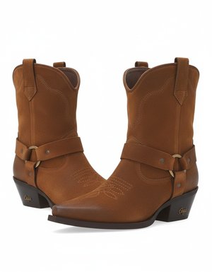Brown Suede Western Ankle Boots with Harness Detail