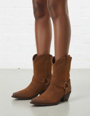 Brown Suede Western Ankle Boots with Harness Detail