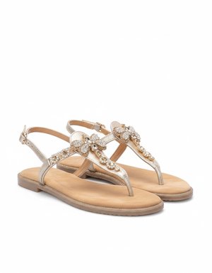 Sparkling Gold T-Strap Flat Sandals