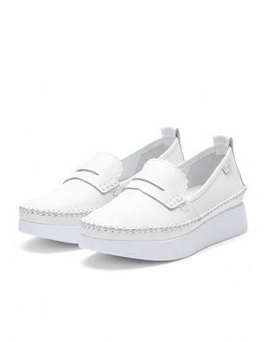 White Platform Loafers with Moccasin Stitching