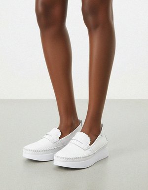 White Platform Loafers with Moccasin Stitching