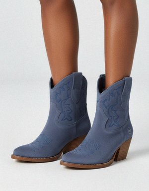 Blue Suede Western Ankle Boot with Embroidered Detail