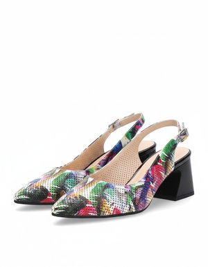 Vibrant Floral Perforated Slingback Block Heels