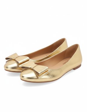 Gold Metallic Ballet Flats with Bow Detail