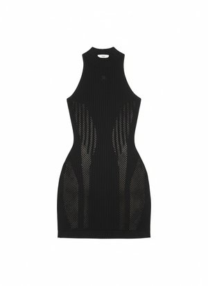 Black Ribbed Mesh Bodycon Mini Dress