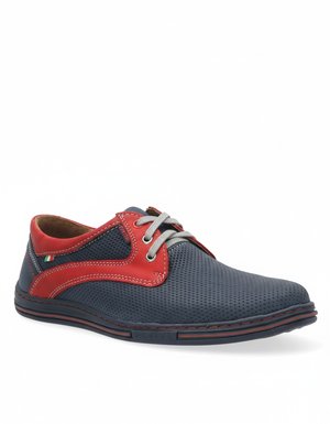 Blue & Red Perforated Lace-Up Derbies