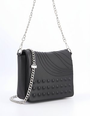 Black Pebbled Leather Shoulder Bag with Studs & Chain