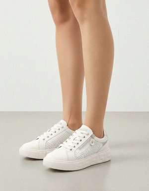 White Perforated Sneakers with Side Zipper Detail