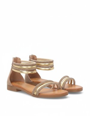 Gold Embellished Ankle Strap Flat Sandals