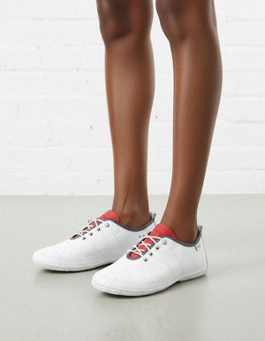 White Lace-Up Casual Sneakers with Red Detail