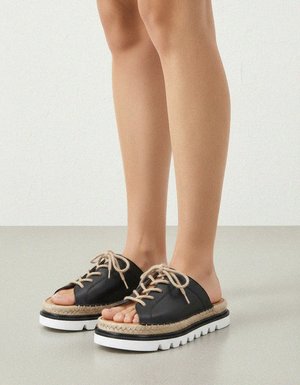 Black Leather Rope-Laced Platform Espadrille Sandals