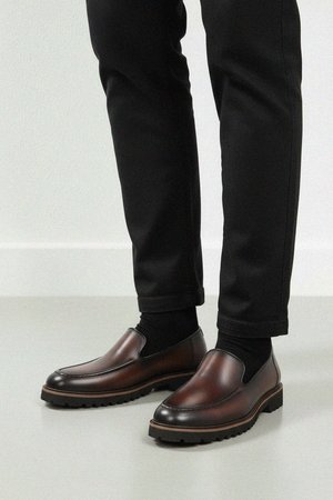 Burnished Leather Loafers with Lug Sole