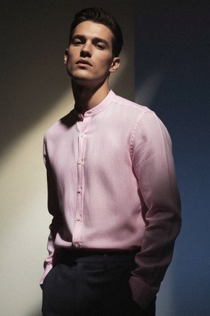 Pink Band Collar Linen Blend Long Sleeve Shirt