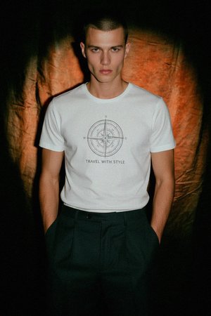 White T-shirt with Compass Graphic Print