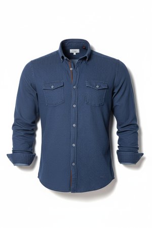 Textured Blue Button-Up Shirt with Dual Pockets