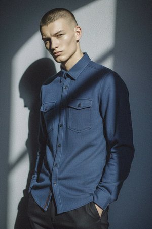 Koszula w kolorze niebieskim z teksturą i dwoma kieszeniami zapinana na guziki