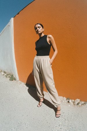 Beżowe, luźne, zwężane spodnie z elastycznymi mankietami