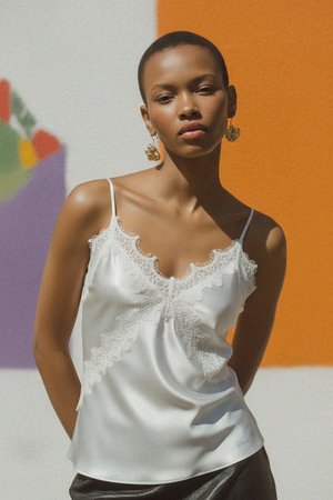 Elegancki biały satynowy top na ramiączkach z delikatną koronkową lamówką