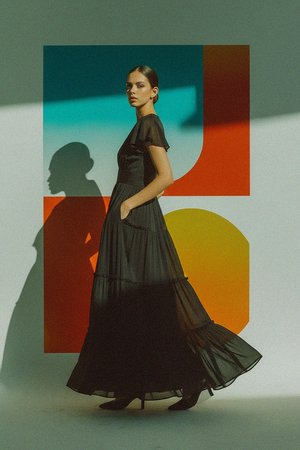 Elegancka czarna sukienka maxi z wielowarstwową spódnicą