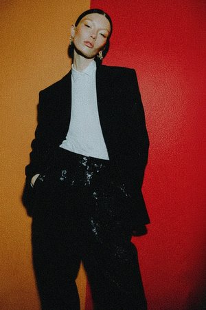 Srebrne, brokatowe, dzianinowe spodnie z prostymi nogawkami